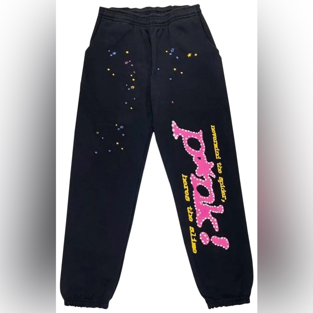 Sp5der PNK Rhinestone Graphic Sweatpants Black Pink Stars Punk Streetwear—Medium